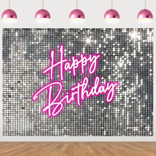 Fondo fotográfico con lentejuelas plateadas y neón rosa 8x6ft miniatura 5