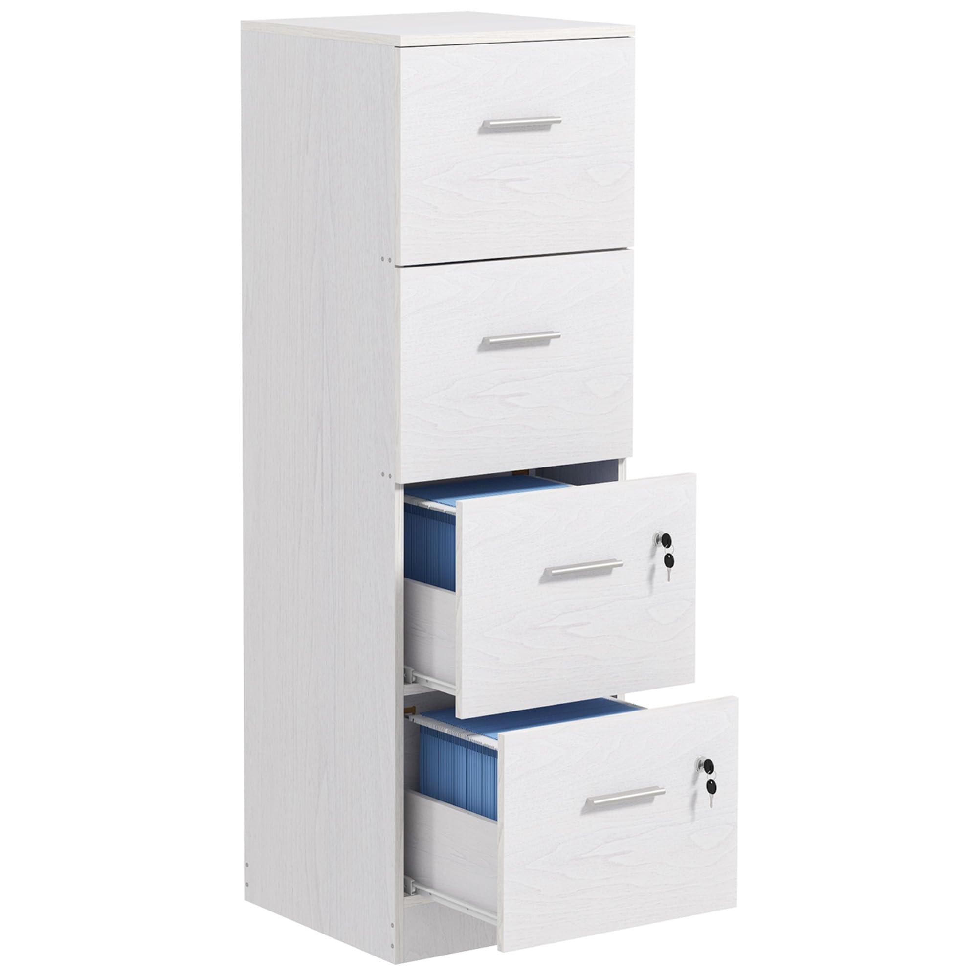 HOMCOM Schedario da Ufficio con 4 Cassetti, Cassettiera Ufficio con Serratura e Chiavi per Lettera/Formato A4, Armadietto Verticale per Casa, 40x42x131 cm, Bianco