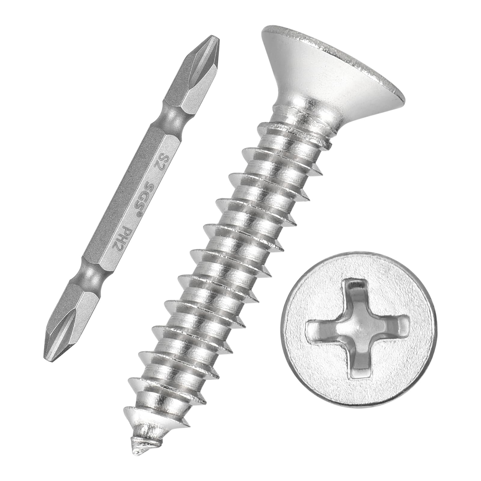 Kozelo 51pcs Phillips Flat Head Wood Screws with Screwdriver Bits - [#10x1"] 304 Stainless Steel Countersunk Self-Tapping Screws for Furniture Assembly, Outdoor Construction, Silver