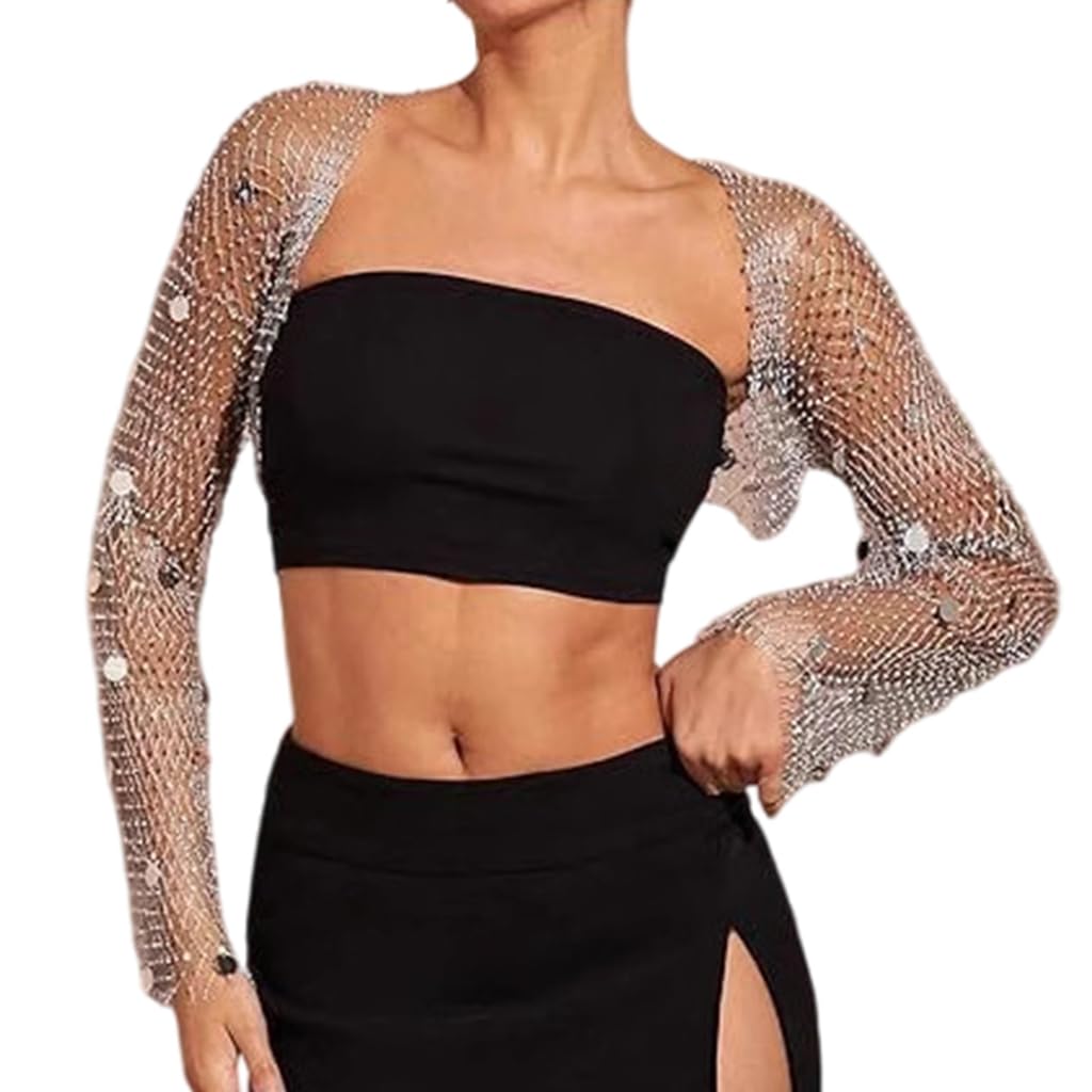 YUSHTPO Womens Sequins Rhinestones Long Sleeve Coverup Shrug Sheer Boleros Music Festival Mesh Open Front Crop