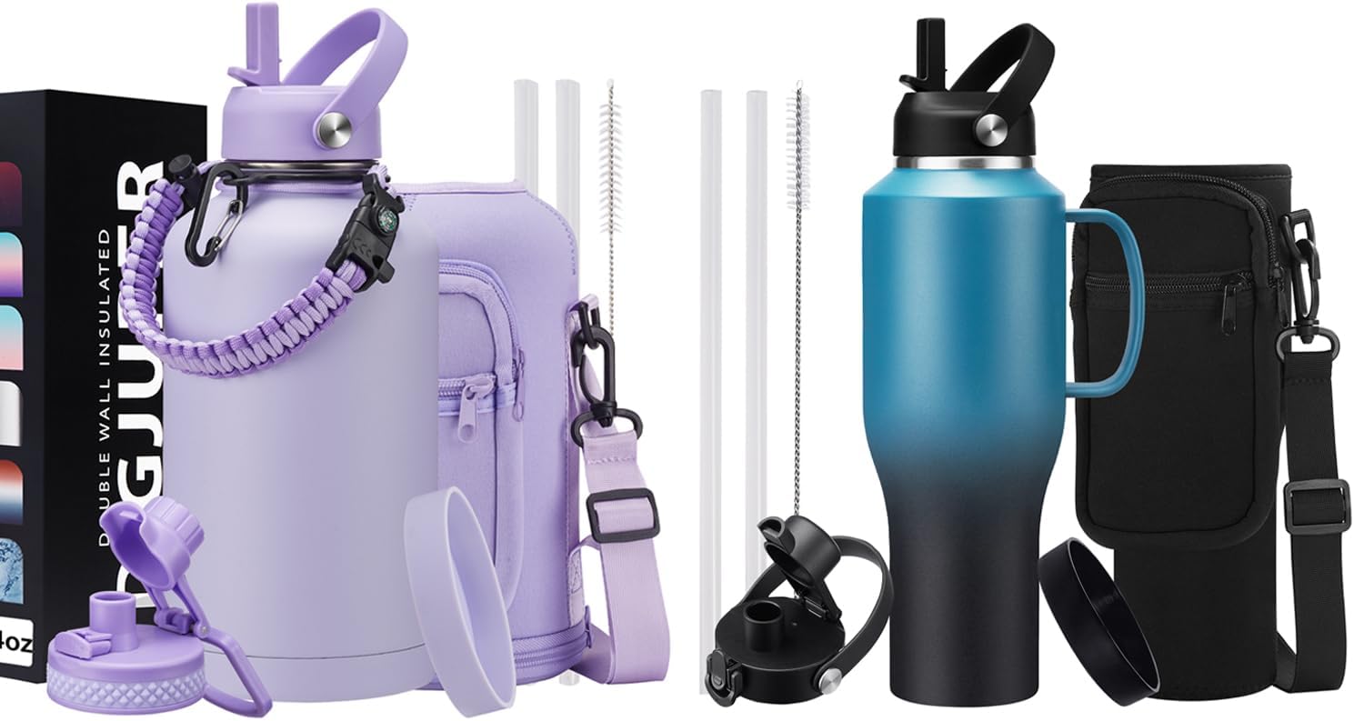 40 oz Water Bottles with Handle that Fit Cup Holders and 64oz Water Flask, Stainless Steel Water Bottle with Straw, Paracord Handle & Sleeve Strap…