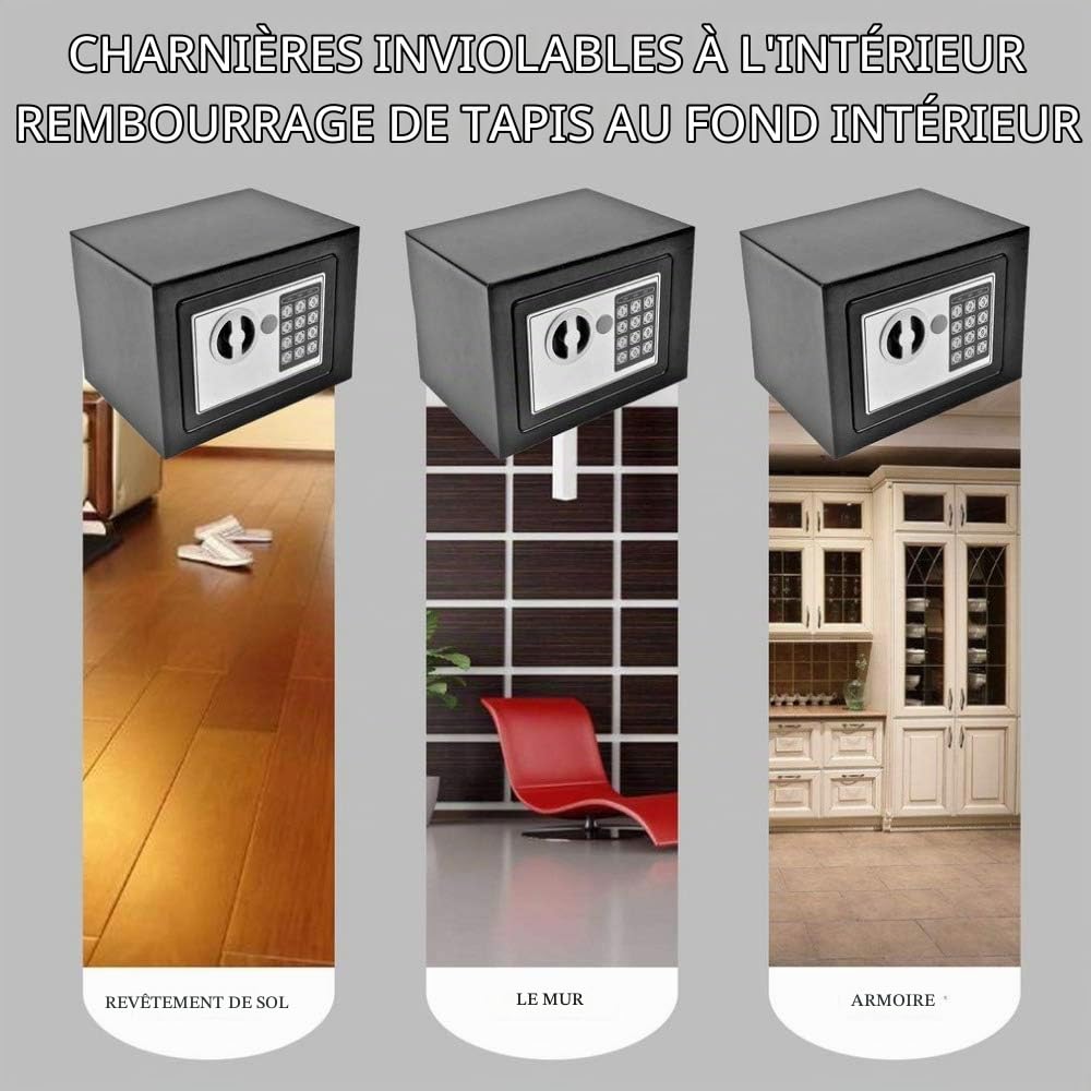 Coffre Fort de Sécurité Numérique Électronique, 4,6L Coffre-fort avec 2 clés d'urgence, Deux Boulon de Verrouillage, Coffre Fort Mural Pour Bureau, La maison, Hôtel, 23cm x 17cm x 17cm, Noir