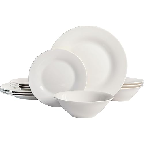 Gibson Home Zen Buffet Round 12 Piece Porcelain Chip and Scratch Resistant Dinnerware Plates and Bowls Set, Scratch & Chip Resistant