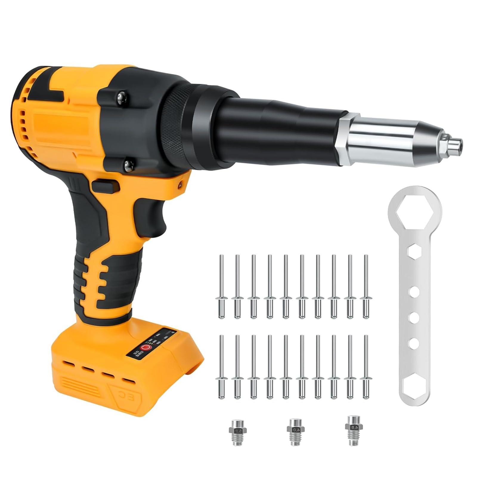 Bezszczotkowy Elektryczny Pistolet Do Nitowania, Zestaw Akumulatorowej Nitownicy 20 V Z Kluczem I Lampką LED, Automatyczna Nitownica Ręczna 10KN Do Nitów 3,2–4,8 Mm 0,13–0,19 Cala