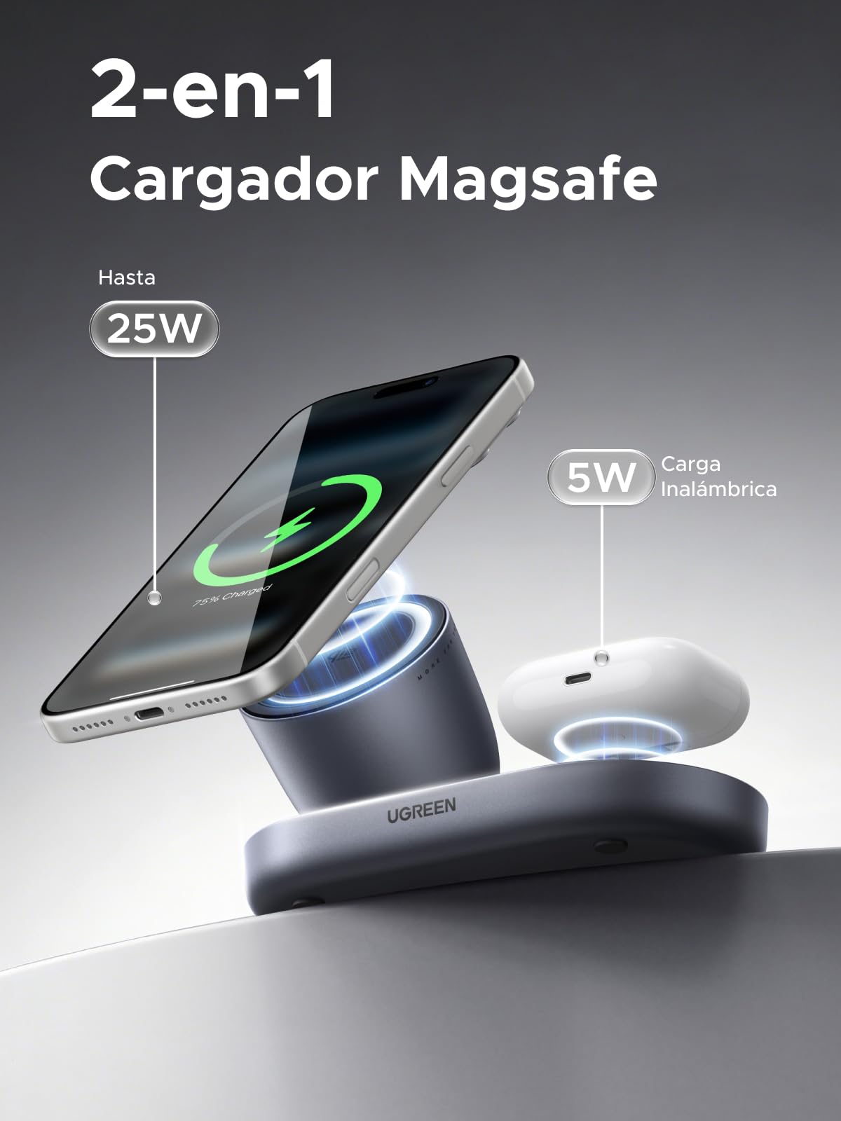 UGREEN Zapix Cargador Inalámbrico iPhone, Qi2 25W Carga Rápida, 2 en 1 Base de Carga sem Fios Magnético Compatible con Magsafe iPhone 17 16 15 14 13 12 Pro MAX Air Plus AirPods (Negro)