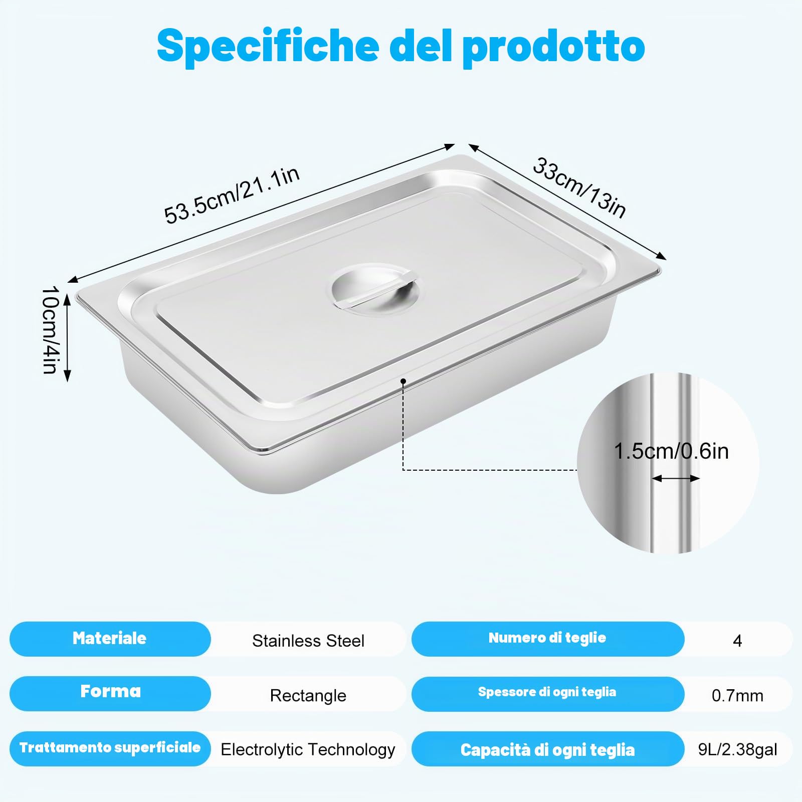 Contenitori per gastronorm, 4 pezzi, contenitori per alimenti con coperchio, 9 litri, in acciaio inox, contenitore per alimenti, torte, hotel, tavolo