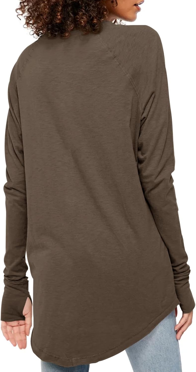 Fisoew Women's Casual Long Sleeve Tops Crew Neck Round Hem Loose T-Shirts Tunic Tops with Thumb Holes - Image 2