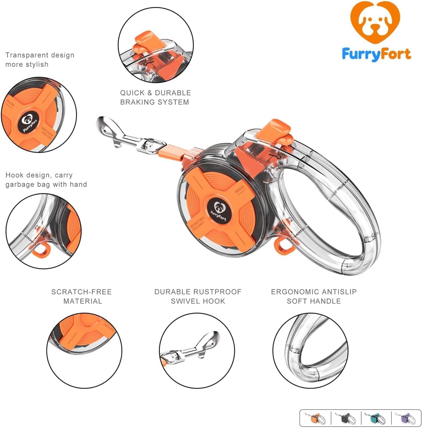 City Leash Retractable Dog Leash 13ft Small Dogs, Pocket-Sized Ultra-Light 6.2oz, One-Handed Brake Urban Walks, 360 Tangle-Free, Frenchie Corgi Dachshund up to 44 lbs, Orange