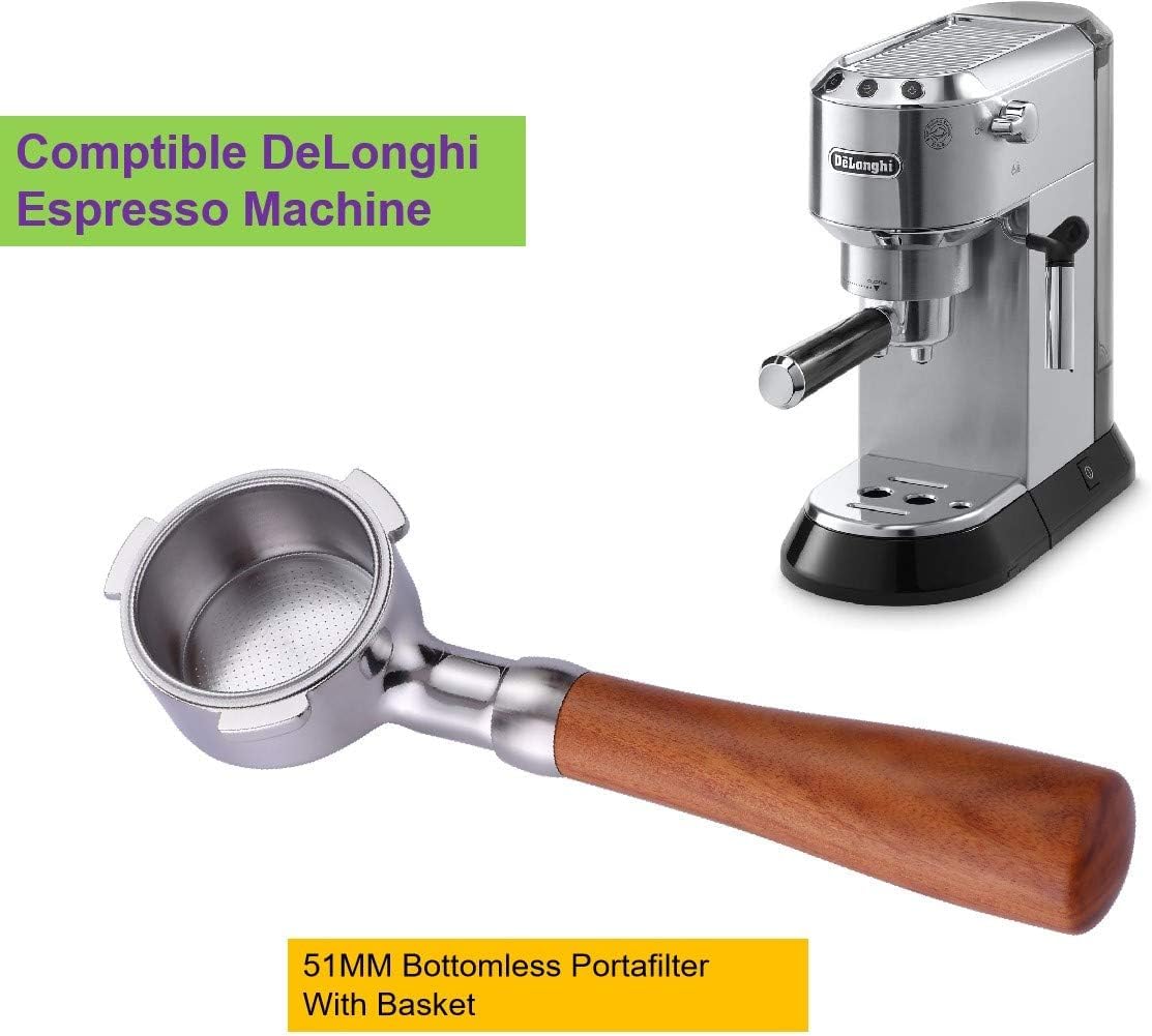 51mm Bottomless Portafilter With Puck Screen - 3-Ear Design For Delonghi Espresso Machines (Not For 9-Series)