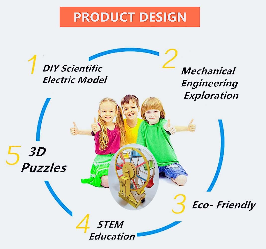 Electric Wooden Ferris Wheel Building Kit - DIY STEM Educational Toys for Girls and Boys - 3D Working Construction Scientific Model Kits - Engineering Assembly Project for Kids, Teens & Adults