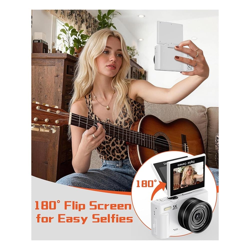 Fotocamera Digitale Compatta 5K con Schermo Flip A 180°, Fotocamera Vlog Autofocus WiFi Ideale per Principianti e Fotografia per Adolescenti B