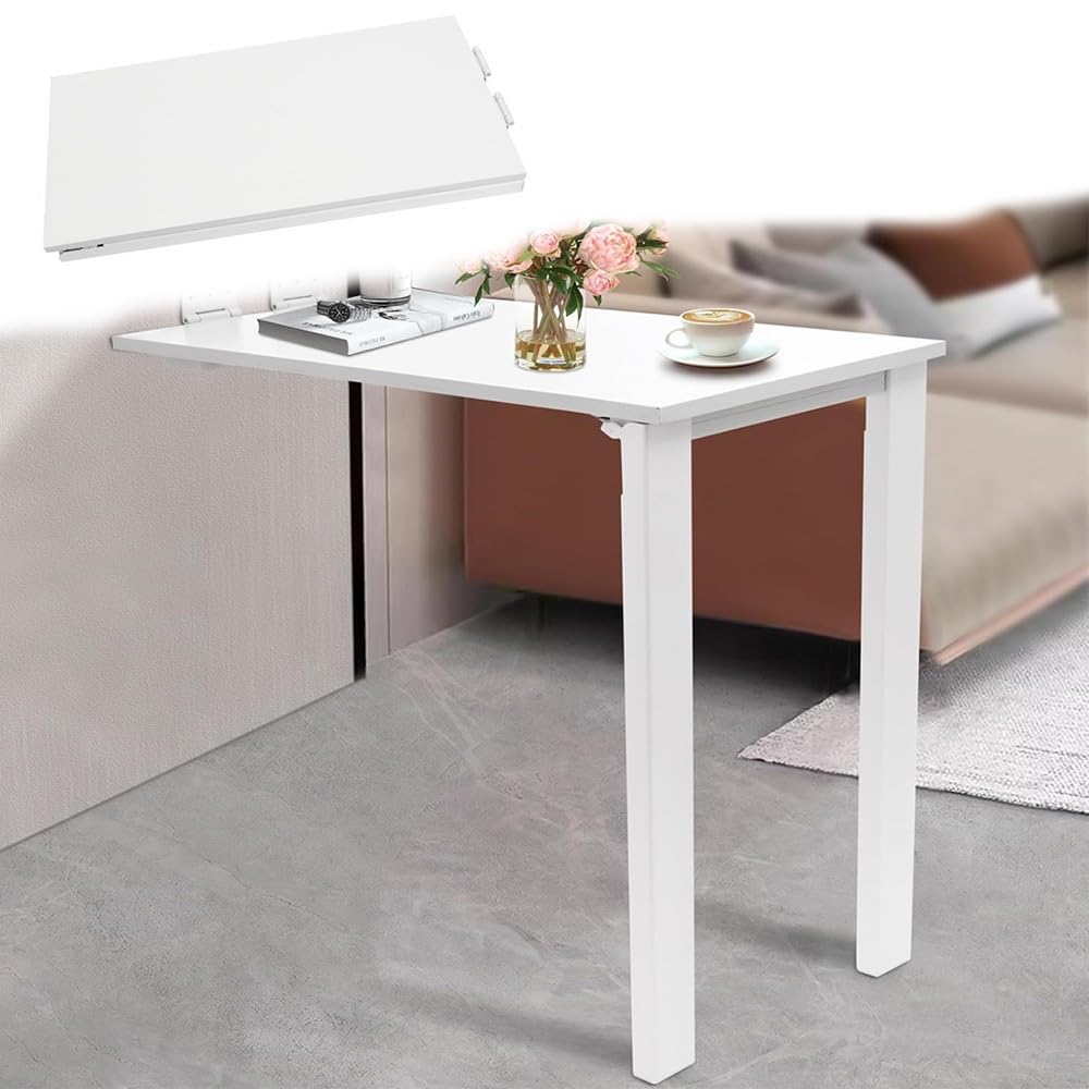 GDMDPTE Wall Mounted Folding Table with Support Legs - Drop-Leaf Design for Kitchen & Home Office Space-Saving Solution (White 80x40cm/31.5x16in)
