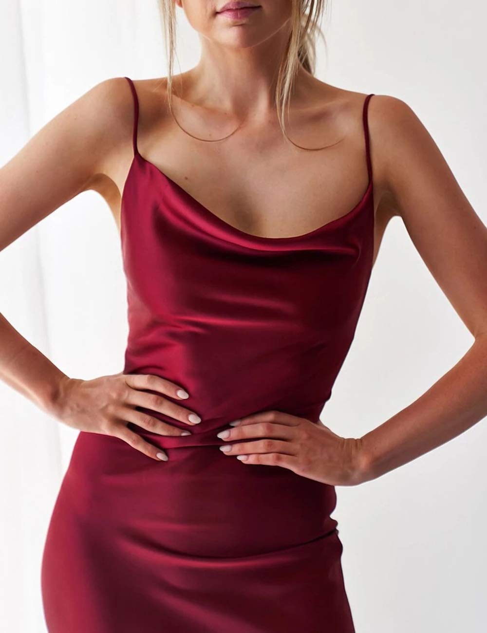 xxxiticat Vestido de mujer sin mangas con tirantes de satén, para cóctel, playa, noche, fiesta, cuello de vaca, midi