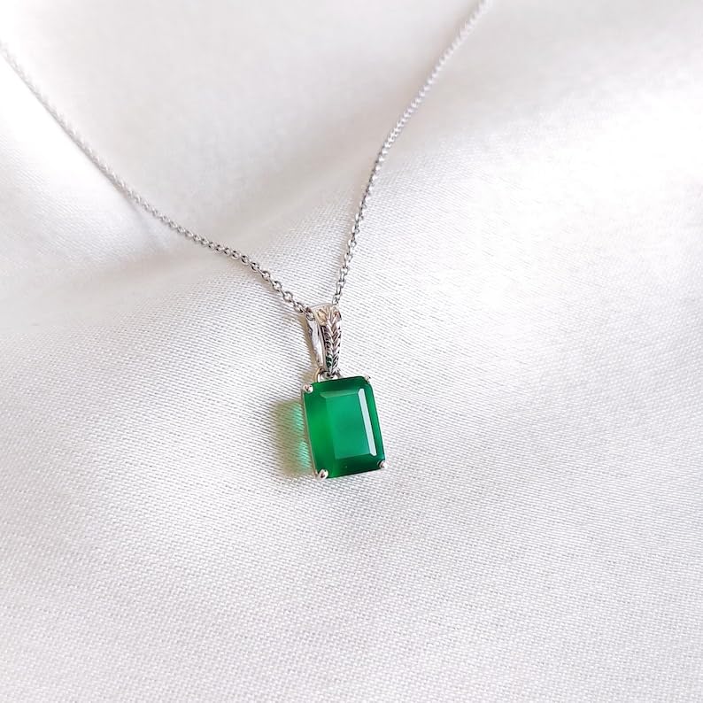 Colgante de ónix natural verde con collar de plata 925 rectangular de 45 cm 2