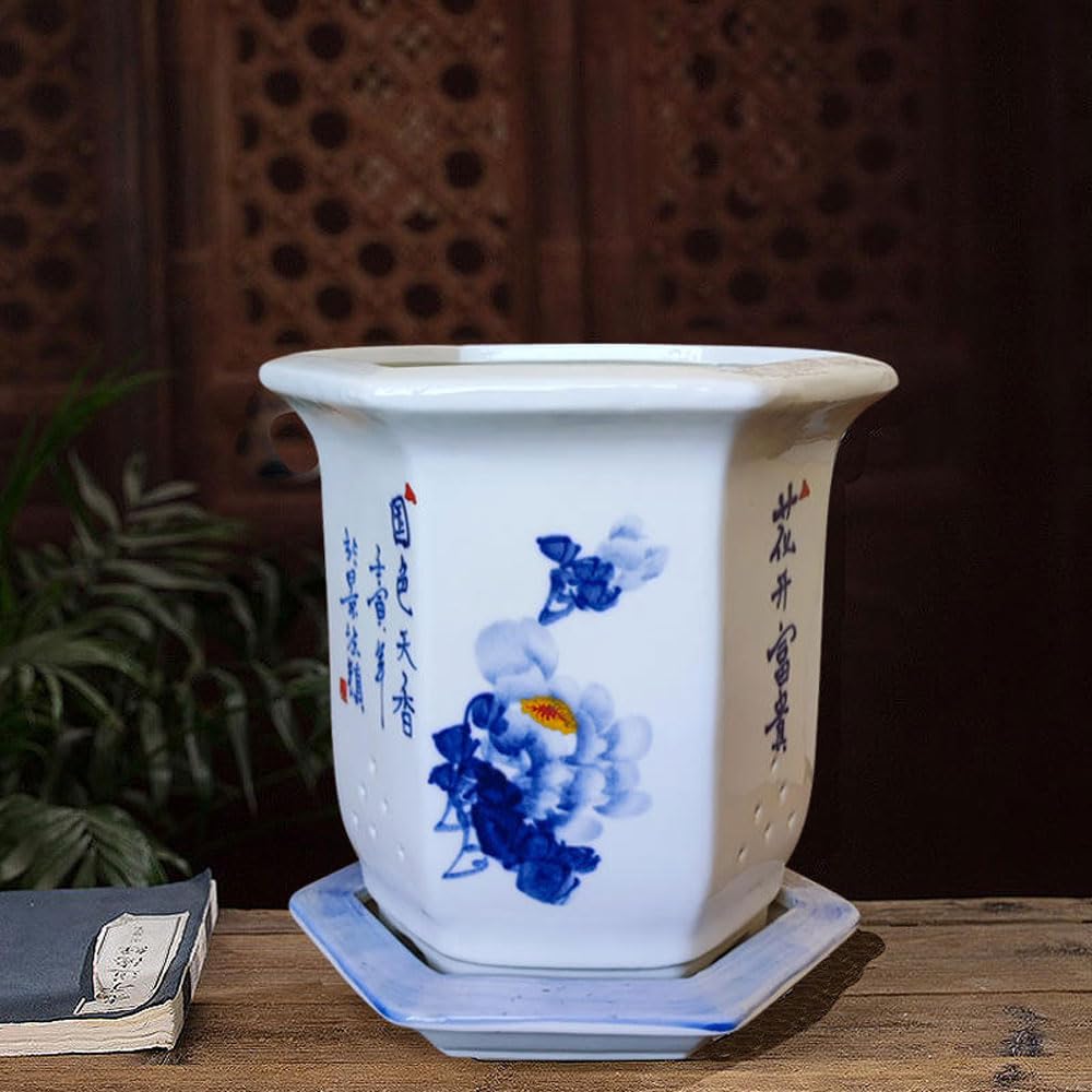 DFGHNBVC Blue And White Porcelain Flowerpot Decorative Flower Pot Succulent Gardening Pot Ceramic Planter Small Plant Garden Flowerpots Office Ceramics China Vintage,White