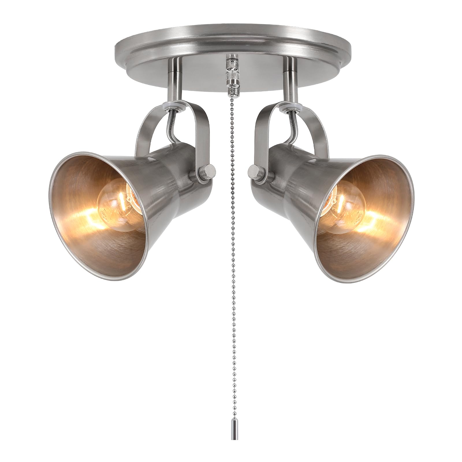 2-Light Brushed Nickel Pull Chain Light Fixture, Ceiling Light with Pull Chain, Adjustable Flush Mount Lighting for Kitchen, Closet, Hallway