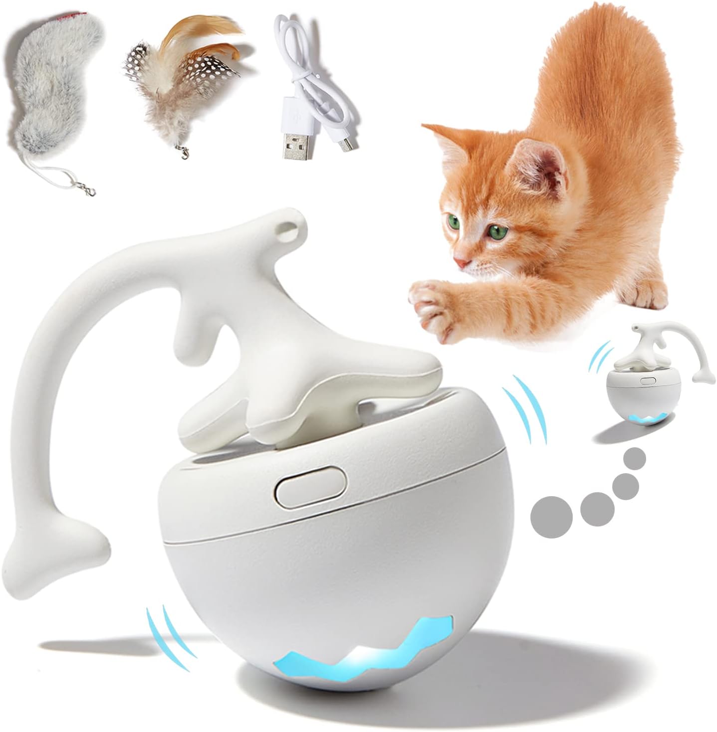Pawsayes Cat Toys, Interactive Cat Toys for Indoor Cats Adult Kitten, Automatic Cats Balls Toy with Catnip Fur & Feather, USB Rechargeable Moving Kitten Toys Ball