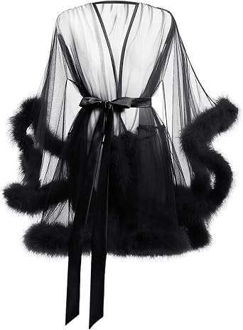 Women's Tulle Feather Robe Long Bridal Robes Sexy Tulle Lingerie Maternity Bathrobe Photoshoot Illusion Wedding Scarf Party Nightgown Sexy Sheer Mesh Fur Bridal Illusions Boudoir Christmas Lingerie
