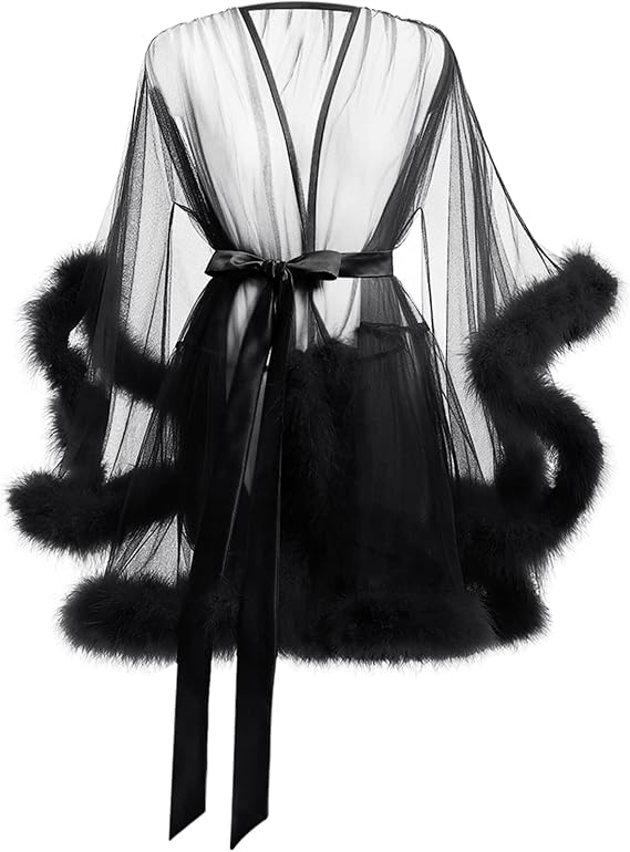 Women's Tulle Feather Robe Long Bridal Robes Sexy Tulle Lingerie Maternity Bathrobe Photoshoot Illusion Wedding Scarf Party Nightgown Sexy Sheer Mesh Fur Bridal Illusions Boudoir Christmas Lingerie