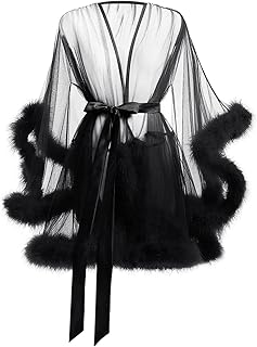 See Through Lingerie Sexy Robe for Women Feather Robe Bathgown Tulle Robe Nightgown Bathrobe V-neck Sexy Furry Bathrobe
