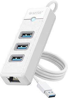 ORICO USB Hub Ethernet, 4 Port USB 3.0 Hub, USB-A to Gigabit Ethernet Adapter with 3 USB 3.0 Hub for Laptop, USB Hub 3.0 with RJ45 10/100/1000 Gigabit -PW3UR-05 (White)