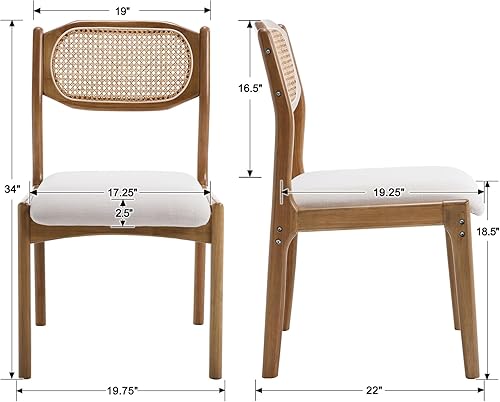 Miniatura 9 de EALSON Juego de 2 sillas de comedor de ratán estilo granja, modernas de mediados de siglo, sillas auxiliares de cocina tapizadas de lino con