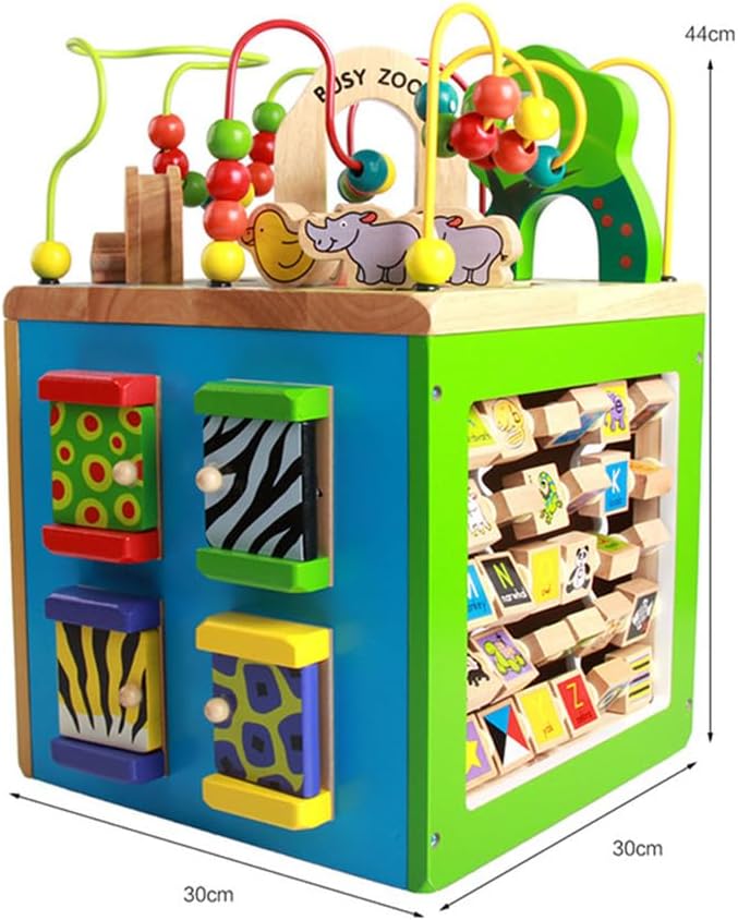 Montessori Wooden Activity Cube, 4-Sided Bead Maze & Animal Matching Blocks