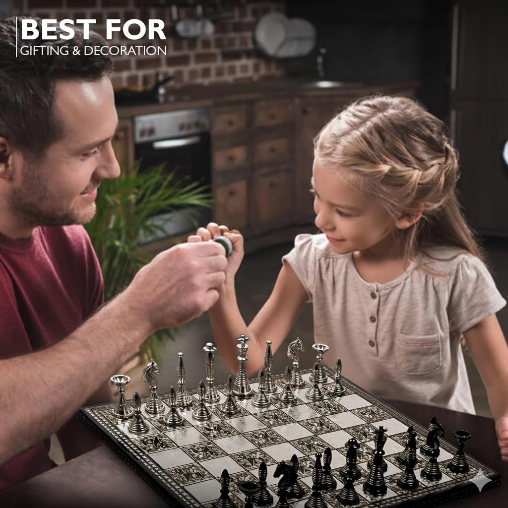 Luxury Handcrafted Brass Chess Set Black and Silver Metal Pieces with Premium Folding Board and Storage Box | Antique Finish Royal Gift and Decorative Board Game for Home Office Collectors (Tribal)