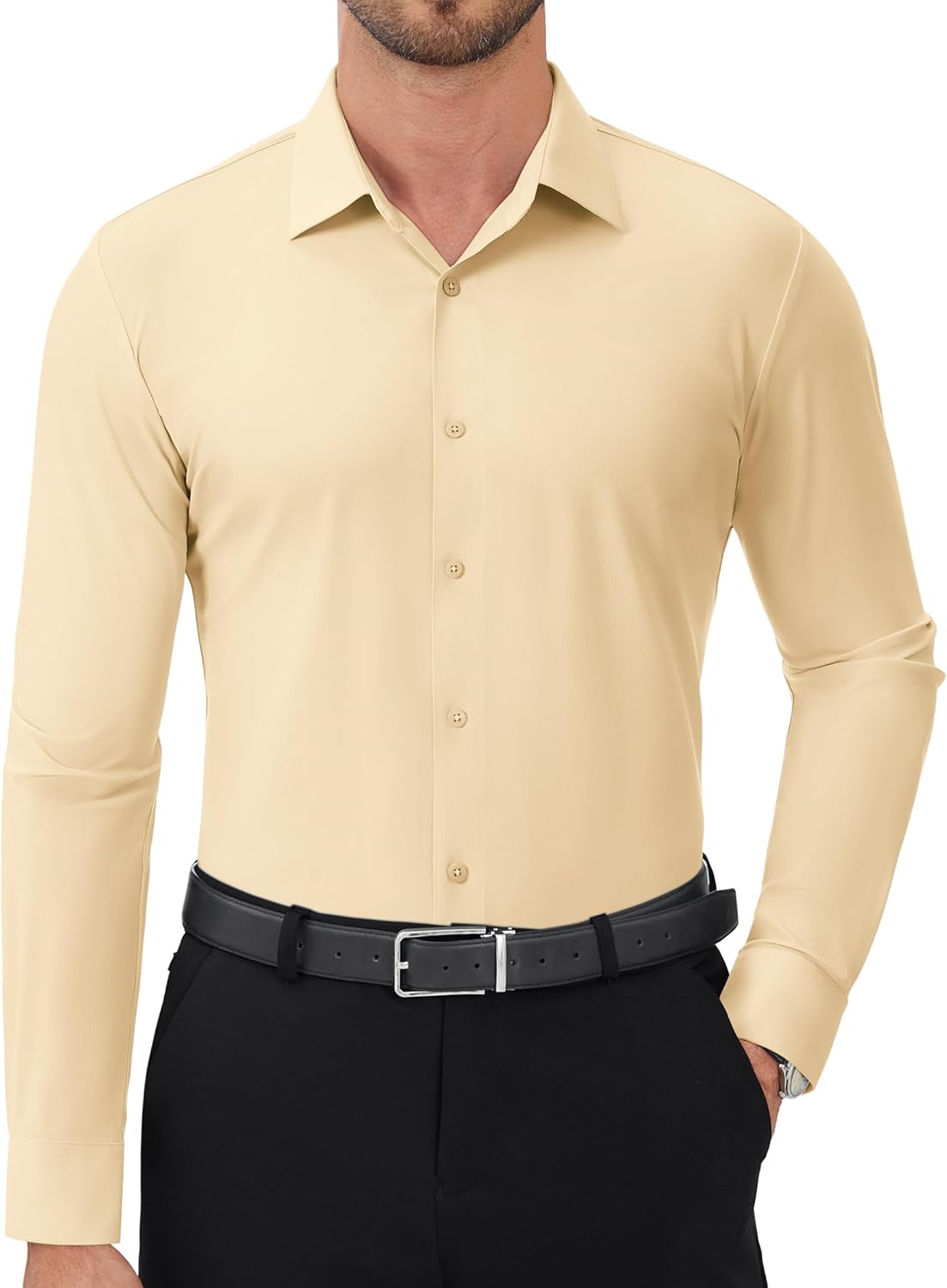 DEMEANOR Stretch Mens Dress Shirts Slim Fit Long Sleeve Wrinkle Free Button Down Formal Business Shirt