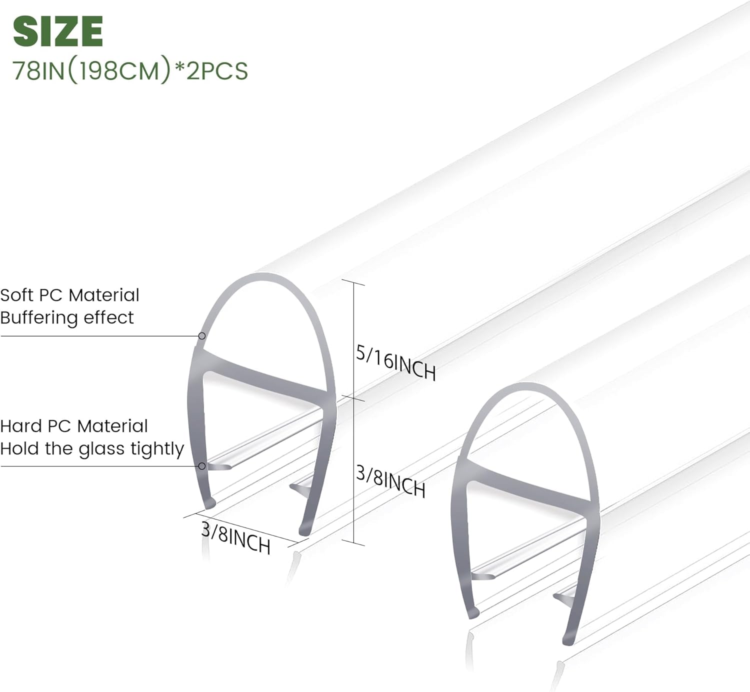 Shower Door Seal Strip, 2 Pack*78" L U-Shape Shower Door Side Seal Bottom Seal Door Sweep for 3/8" (10mm) Thick Glass, Ultra-Clear Polycarbonate Strip Water Barrier