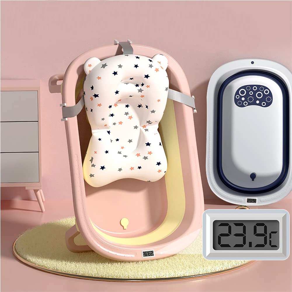 INTERNATIONAL ALLNEEDSUAE, Foldable Baby Bathtub Set with Temperature Sensing Thermometer, Bathmat Cushion. Sitting Lying Large Safe Bathtub for Newborn Kids Child Toddlers (Pink)