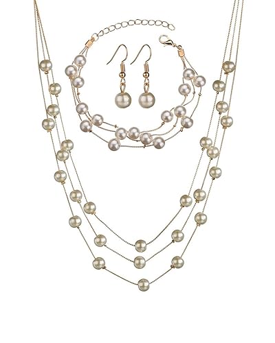 Young & Forever Fresh Water Pearl Multilayer Necklace Earrings & Bracelet Jewellery Set for Women Girls