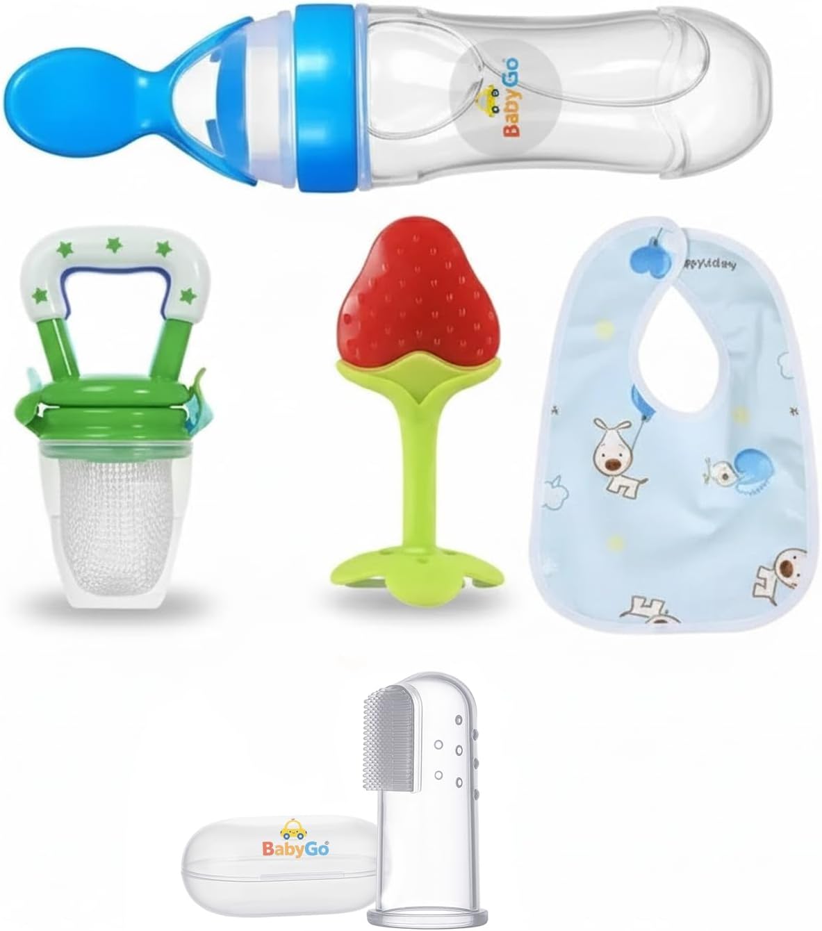 BabyGo Complete Baby Feeding Combo Set | Food Dispensing Spoon Bottle, Fruit Feeder Nibbler, Pacifier, Teether, Finger Toothbrush & Baby Bib | Set of 5 (Multicolor) | Essential for Baby’s Care