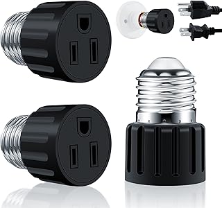 2 Packs ABORNI E26/E27 3 Prong Light Socket to Plug Adapter, Polarized Screw in Outlet for Light Socket Adapter Outlet 3Prong Light Bulb Socket Adapter Fit for 2/3Prong Convert, for Porch Garage,Black