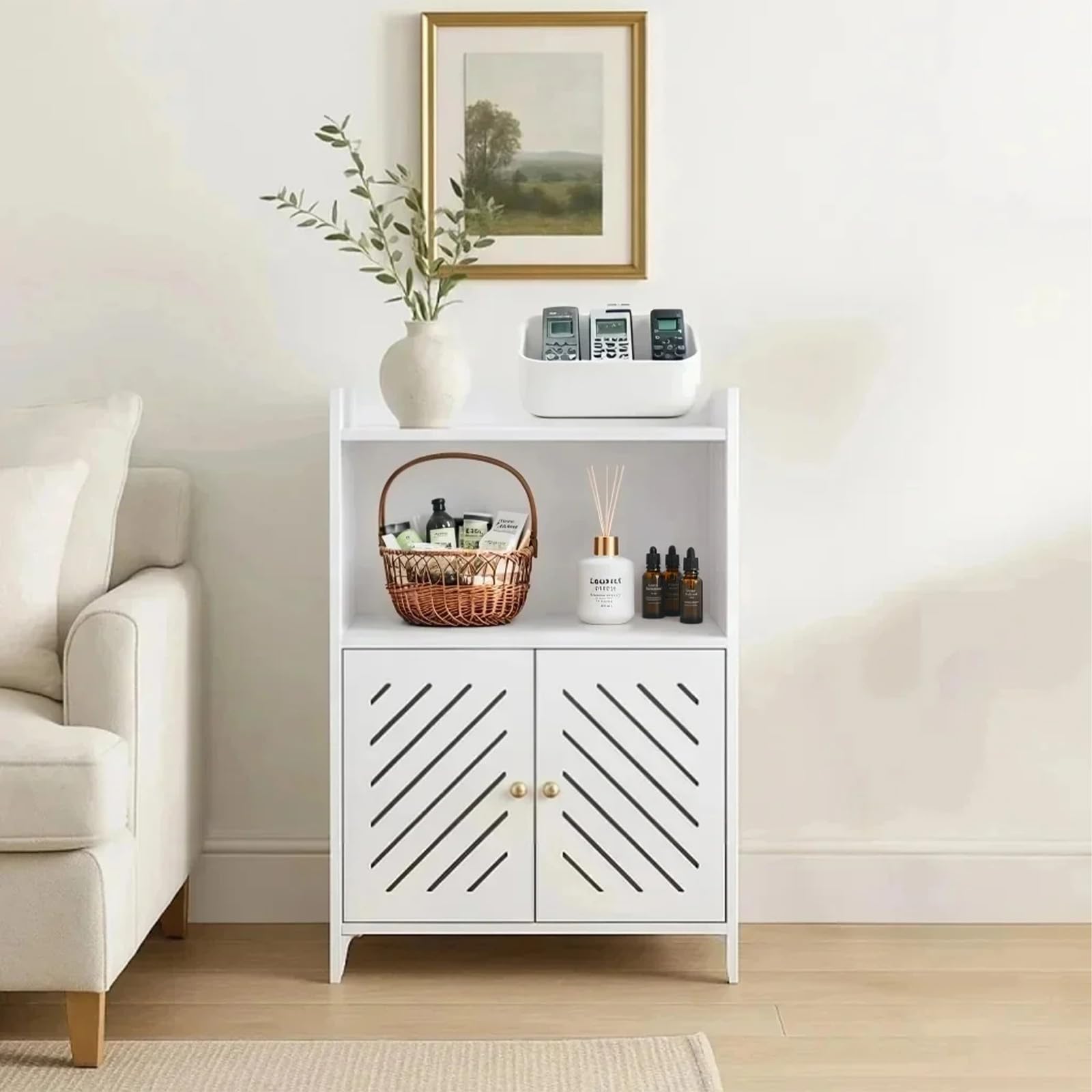 powerking Armadietto portaoggetti da bagno a 3 livelli, organizer indipendente con ante e ripiani, piccolo armadietto bianco da pavimento per bagno, WC, ufficio, soggiorno, cucina, corridoio, piccolo