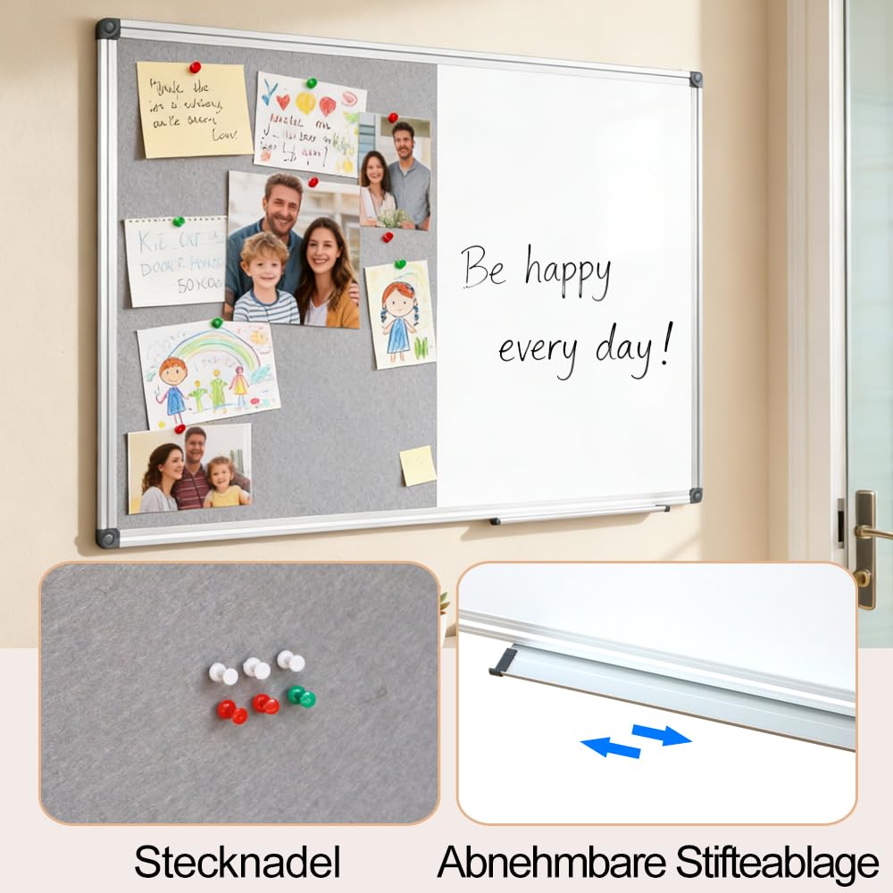 XIWODE Whiteboard Magnetisch & Pinnwand Filz - 2in1 Kombitafel: Magnettafel 90x60, Weiße Abwischbare Magnetwand, Graue Filzwand inkl. Zubehör zum Aufhängen an der Wand für Zuhause, Büro, Schule