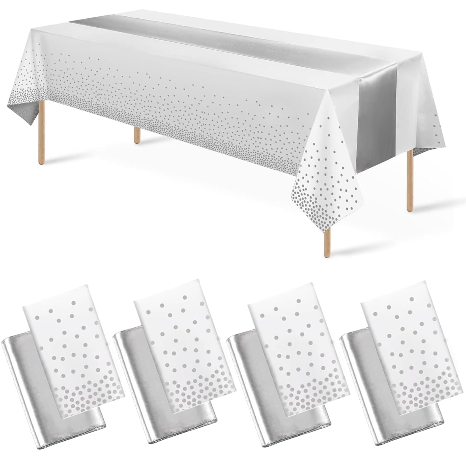 Auxemuen 8Packs Disposable Rectangle Plastic Party Tablecloth,137 * 274 cm for Rectangle Tables Cloths for Parties, Events & Weddings, Indoors Outdoors (White and Silver, 137 * 274cm+30 * 274cm)