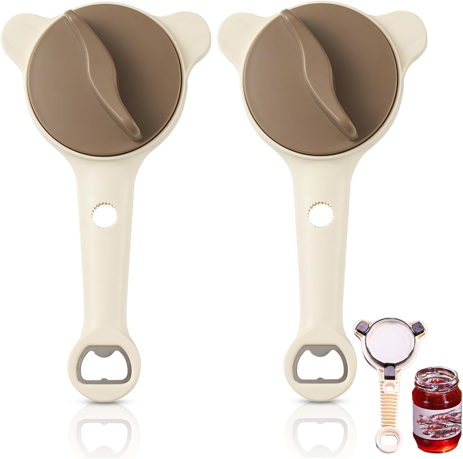 4 in 1 Multi-Purpose Jar Opener, Non Slip Teeth Design with Adjustable Three Claw Bottle Opener, Multi Size Lid Tool for Kitchen, Jars, Bottles (2*Khaki)