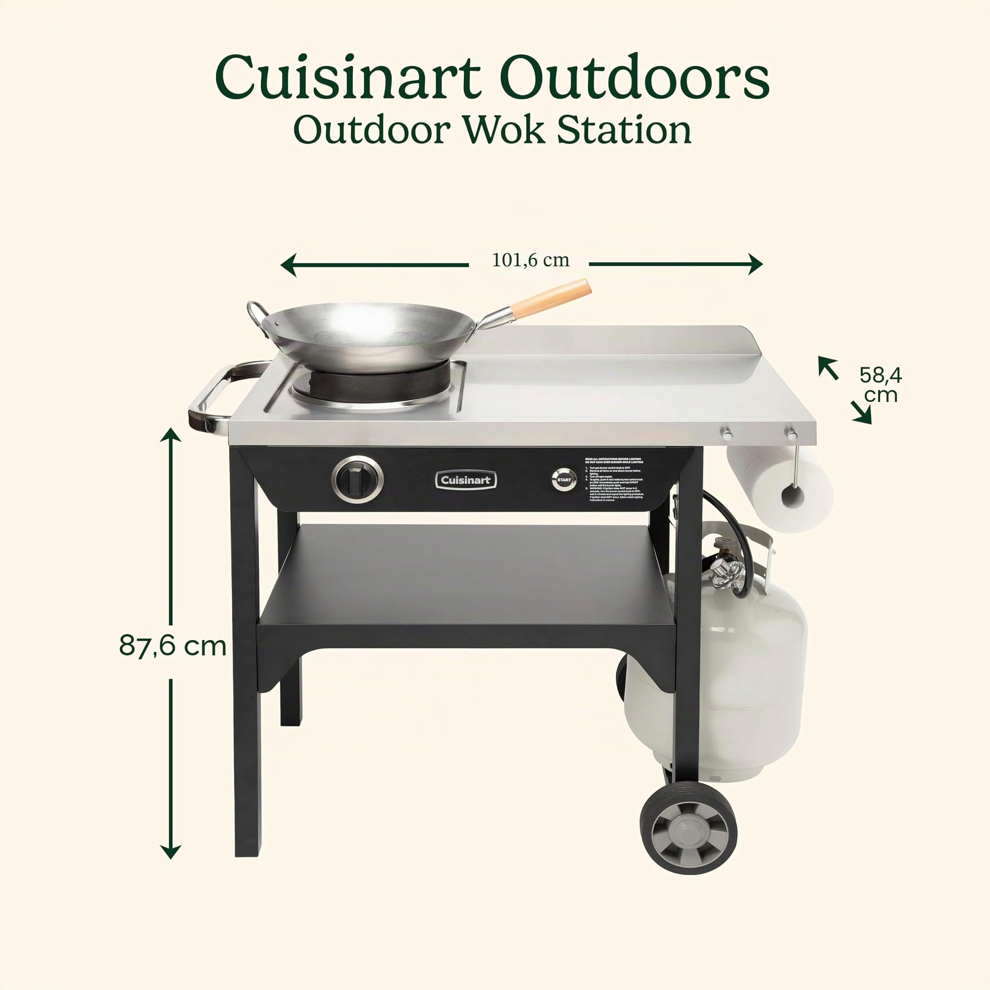 Cuisinart Outdoor Wok Station, 50.000 BTU Propan Outdoor Wok Burner with Prep Table, 35.6 cm Carbon Steel Fry Pan, Stainless Steel Side Table, Storage, Outdoor Cooking Station for Stir Fry, Searing