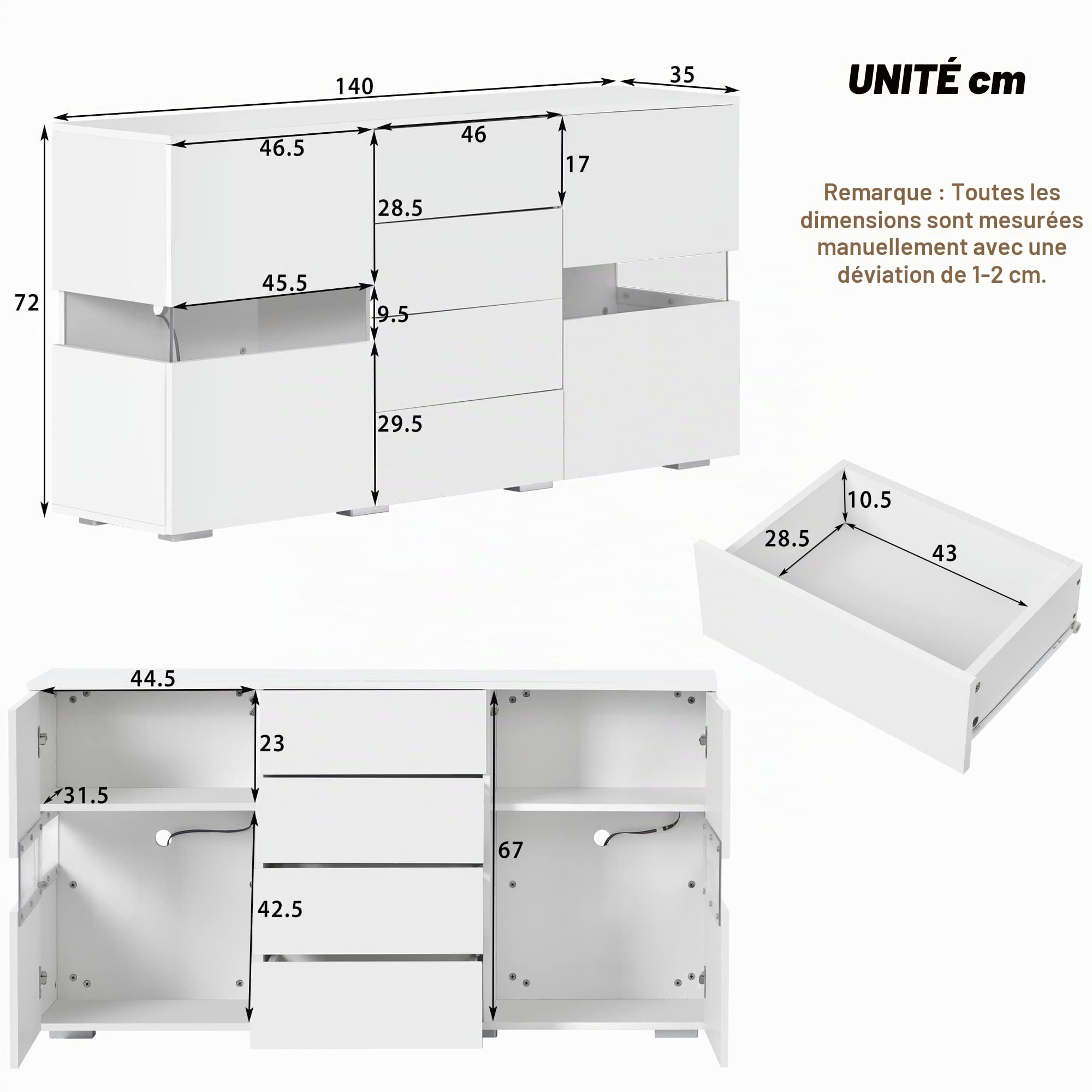 Merax Buffet avec Lampe LED - Meuble de Rangement - Meuble d'appoint avec Beaucoup d'espace de Rangement - Buffet Moderne avec tiroir et Portes - pour Salle à Manger, Salon, Cuisine, 140cm