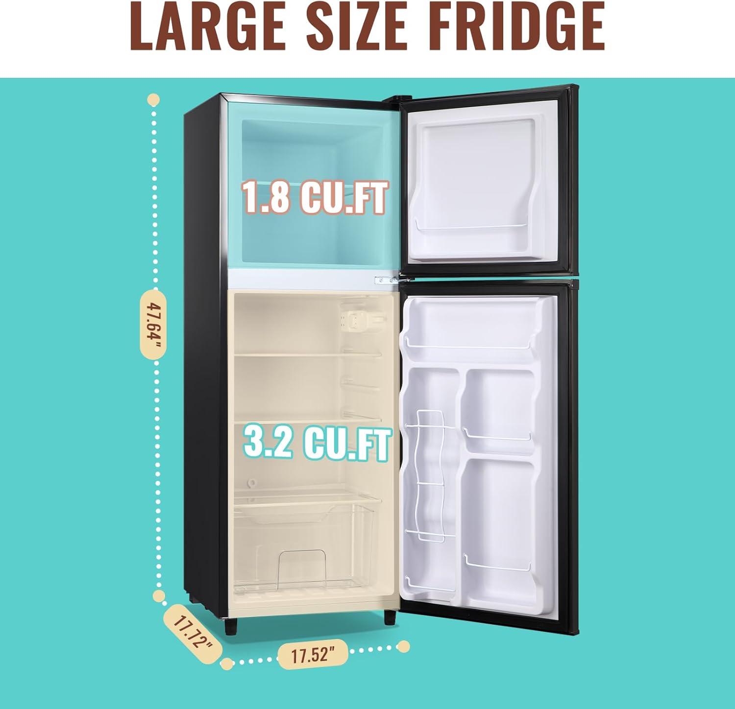 WANAI Double Door Small Refrigerator with Freezer, 5.0 Cu.Ft Large Size Fridge with 7 Level Adjustable Thermostat & Removable Shelves, Mini Refrigerator for Kitchen Apartment and Office, Black