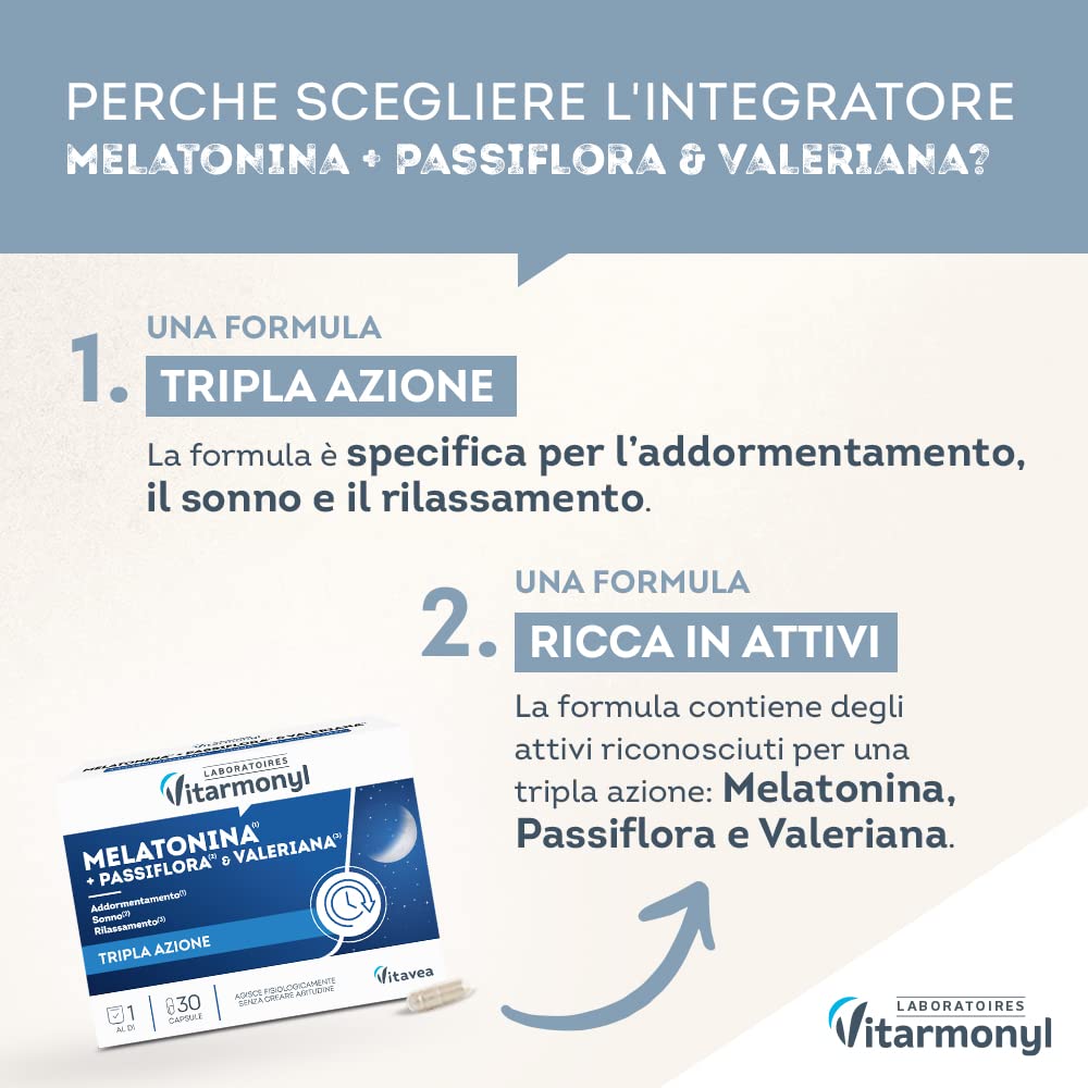 Melatonina Più - Integratore Alimentare per Sonno e Jet Lag - Con Passiflora, Valeriana e Luppolo - Favorisce il Rilassamento - Confezione da 30 capsule - Vitarmonyl
