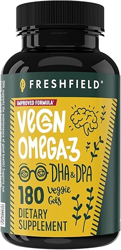 Freshfield Omega 3 vegano, aceite de algas (algas), empresa libre de aceite de pescado, probado por terceros, sin carragenano, suplemento de DHA con