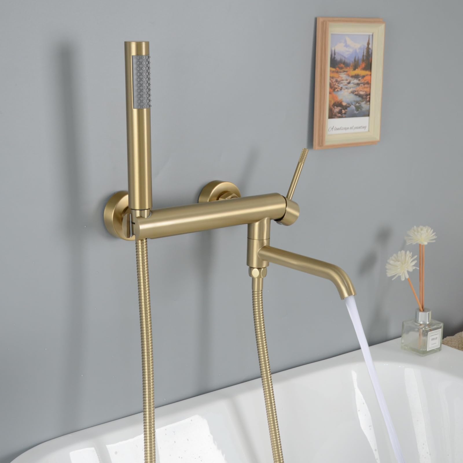 PHASAT Grifo de bañera con ducha de mano, Mezclador monomando de pared, caño giratorio 90°, Oro cepillado