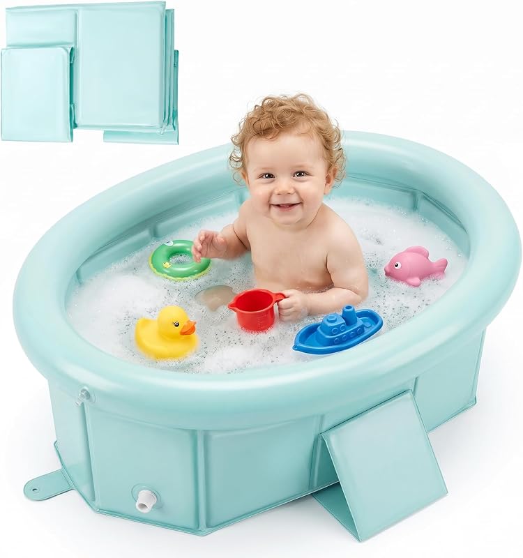 Portable Toddler Bathtub with Inflatable Top Edge & Side Drain Plug | Collapsible Baby Bath Tub for Infant Toddler Kids 6M- 6Y Travel Without Assembly, Extra Stable & Durable, Green