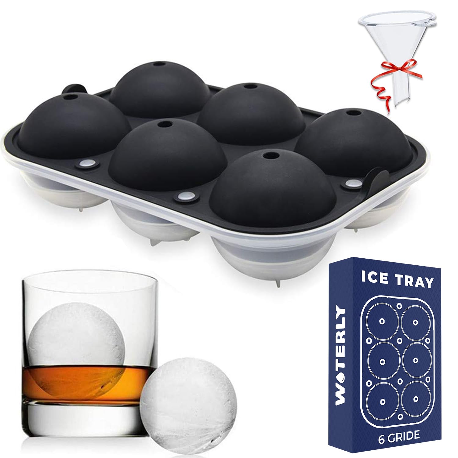 New Silicone Ice Cube Trays Sphere Round Ice Ball Maker with Funnel, Easy Release Round Silicone Ice Tray with Lids for Whiskey Cocktails Milk Juice Soup Cold Drink (1 Pack Black)