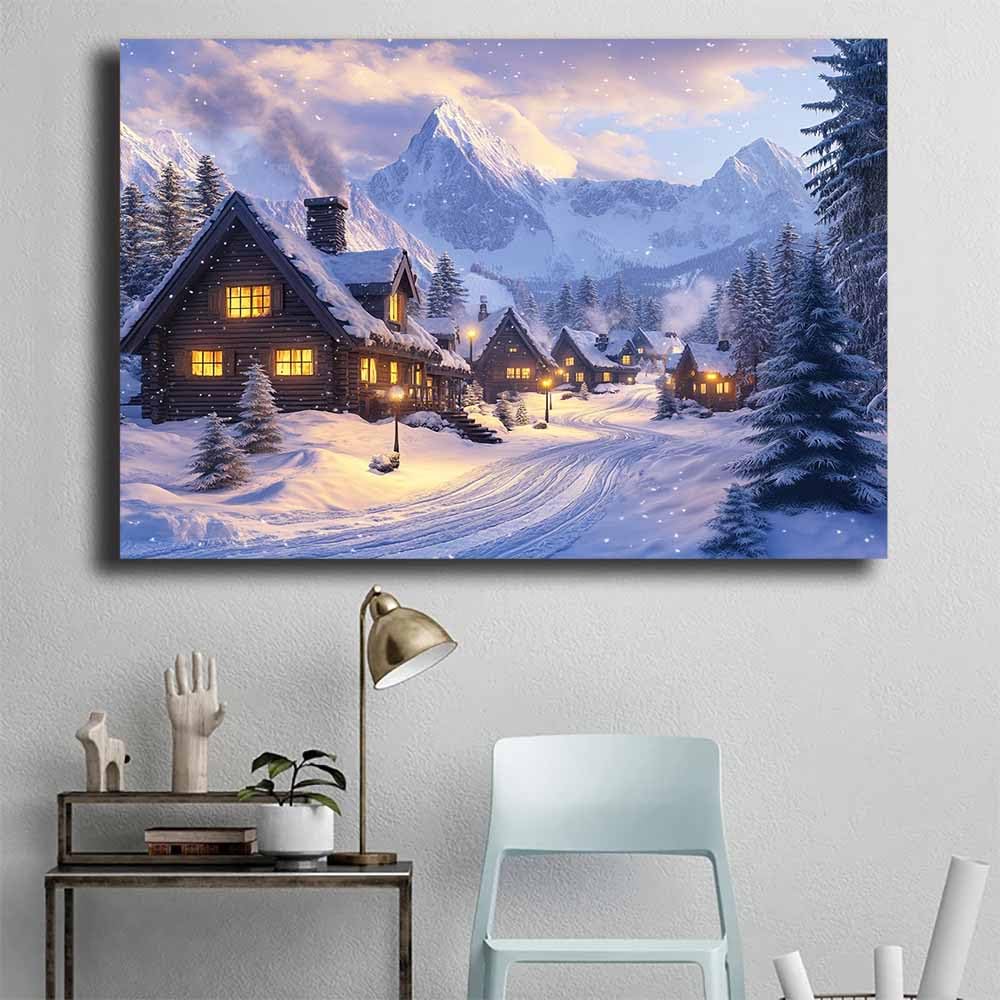 QUSAAOU Wandbilder Wohnzimmer Verschneites Bergdorf mit Hütten Leinwandbild Im Modernen Stil Mit Naturmotiven,Geeignet FüR Schlafzimmer Und Wohnzimmerflure(Blau)-80x120cm Ungerahmt