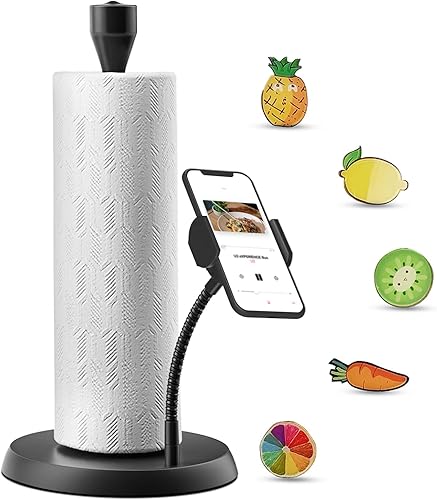 Toallero de papel negro multifunción para encimera con soporte para teléfono, soporte para toallas de papel fácil de rasgar con una mano con base