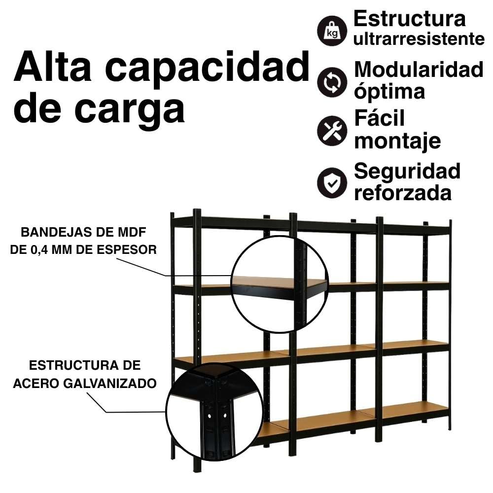 Triple Estanterías de almacenamiento Cargas Pesadas - 210 x 150 cm - 960 kg - Estanterías de garaje modulables, 4 Niveles, 12 Estantes