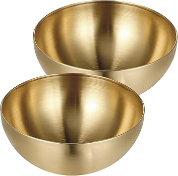 2PCS Gold Stainless Steel Mixing Bowl 20cm, 7.87in Large Salad Bowls Gold Serving Bowl Metal Mixing Bowls for Soup Cereal Ramen Noodle Fruit Snacks Crisps1.6L